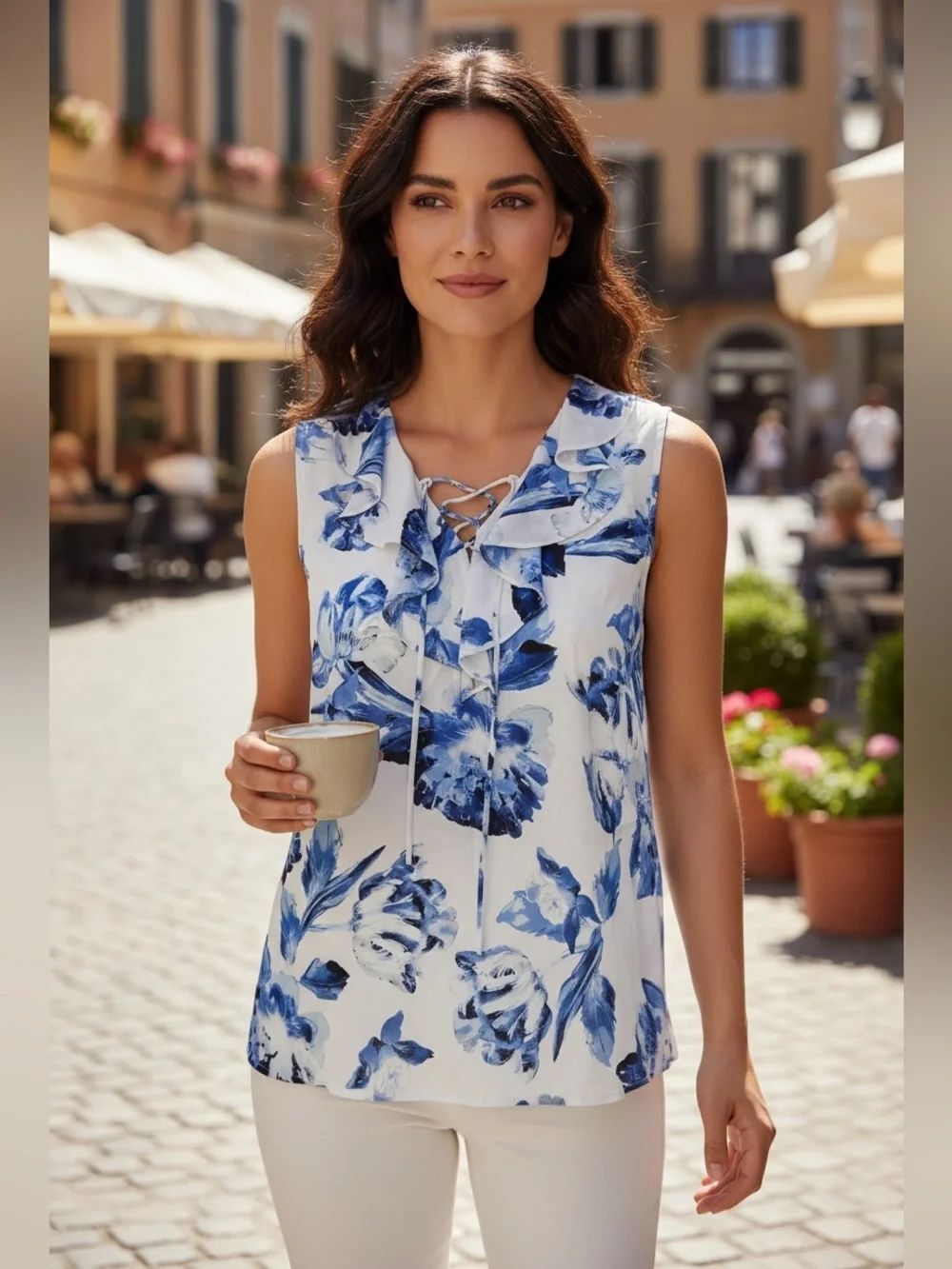 Karl Lagerfeld Blue & White Floral Watercolor Ruffle Sleeveless Blouse Size S